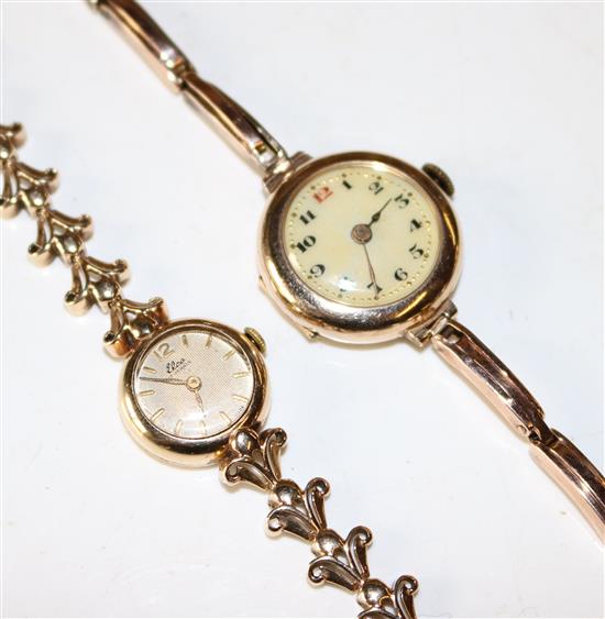 9ct gold trench style wristwatch on expandable bracelet & another 9ct gold watch with fleur de lys bracelet